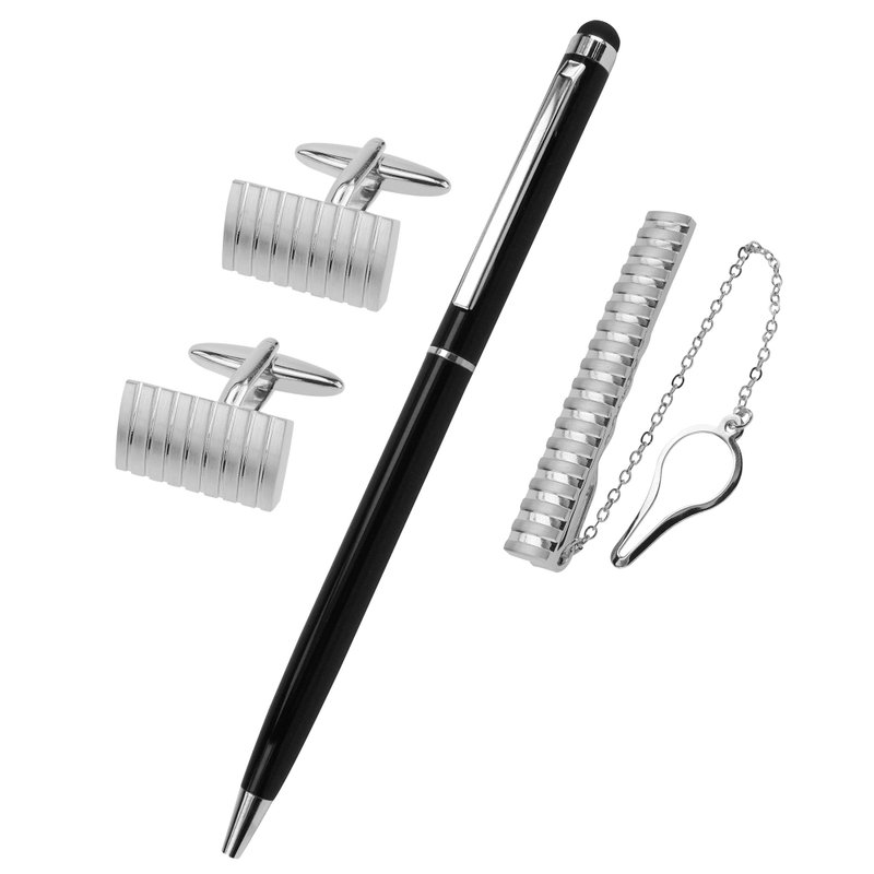 银色拉丝条纹袖扣领带夹笔套装 - 袖扣 - 其他金属 银色