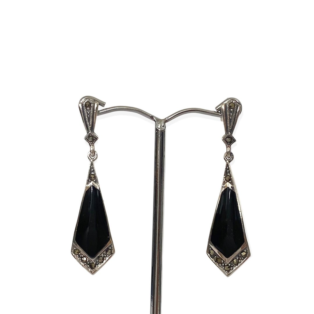 Art Deco Style Triangle Drop Earrings Black Onyx & Marcasite 925 Sterling Silver - 耳环/耳夹 - 纯银 黑色