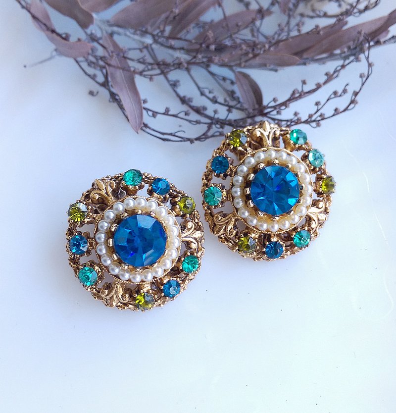 Vintage Jewelry 西洋古董饰品 FLORENZA 蓝绿色调莱茵 夹式耳环 - 耳环/耳夹 - 其他金属 金色