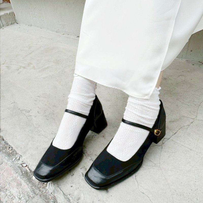 【I called Love】方头绒布拼接玛莉珍粗跟鞋 - 高跟鞋 - 人造皮革 黑色