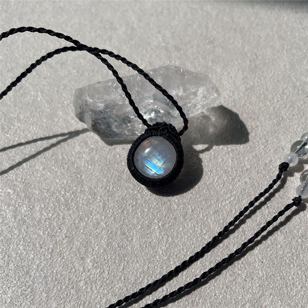 彩虹月光石 白水晶 缕空编织 古着原石项链 - 长链 - 半宝石 黑色