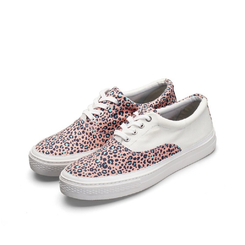 夏季豹纹拼接 低帮帆布鞋 滑板 情侣款 休闲鞋 - 男款休闲鞋 - 棉．麻 粉红色