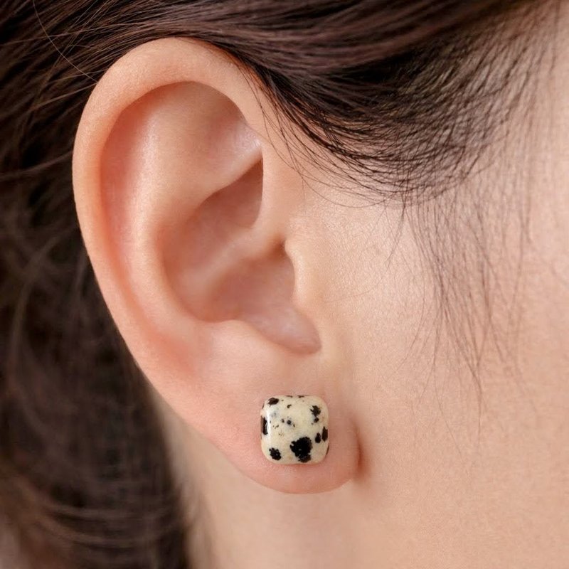 不疼痛・无需穿孔 磁吸式无耳洞耳饰 斑纹玛瑙8mm方形 软骨亦可配戴 天然石耳饰 - 耳环/耳夹 - 石头 白色