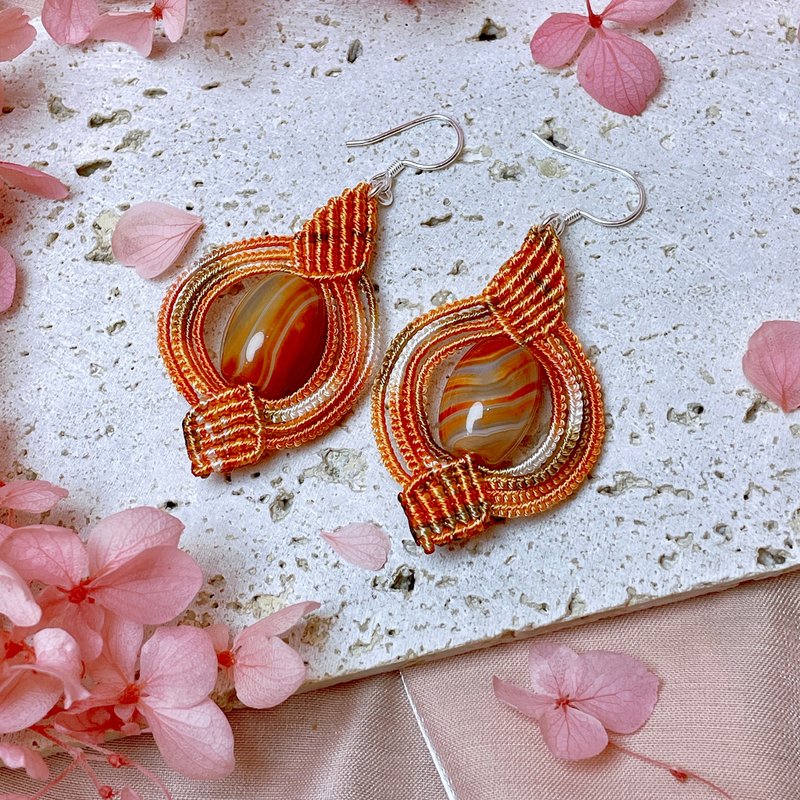 橘红千层缠丝玛瑙S925纯银造型编绳耳坠 - 耳环/耳夹 - 玉石 橘色