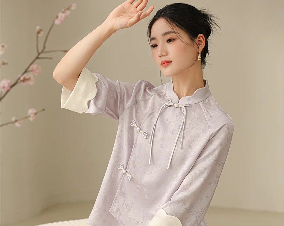 槿柔 新中式中國風 醋酸花瓣领上衣/半裙 - 女装上衣 - 其他材质 紫色