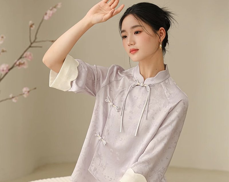 槿柔 新中式中國風 醋酸花瓣领上衣/半裙 - 女装上衣 - 其他材质 紫色