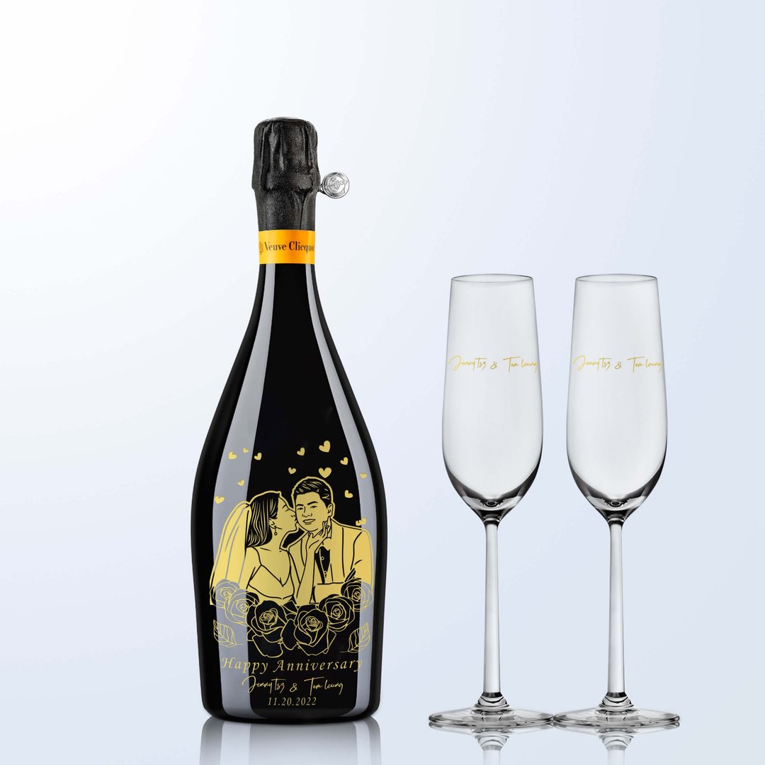 Veuve Clicquot  |香槟单支双杯含人像雕刻 原装礼盒 雕刻礼物 - 酒类 - 玻璃 