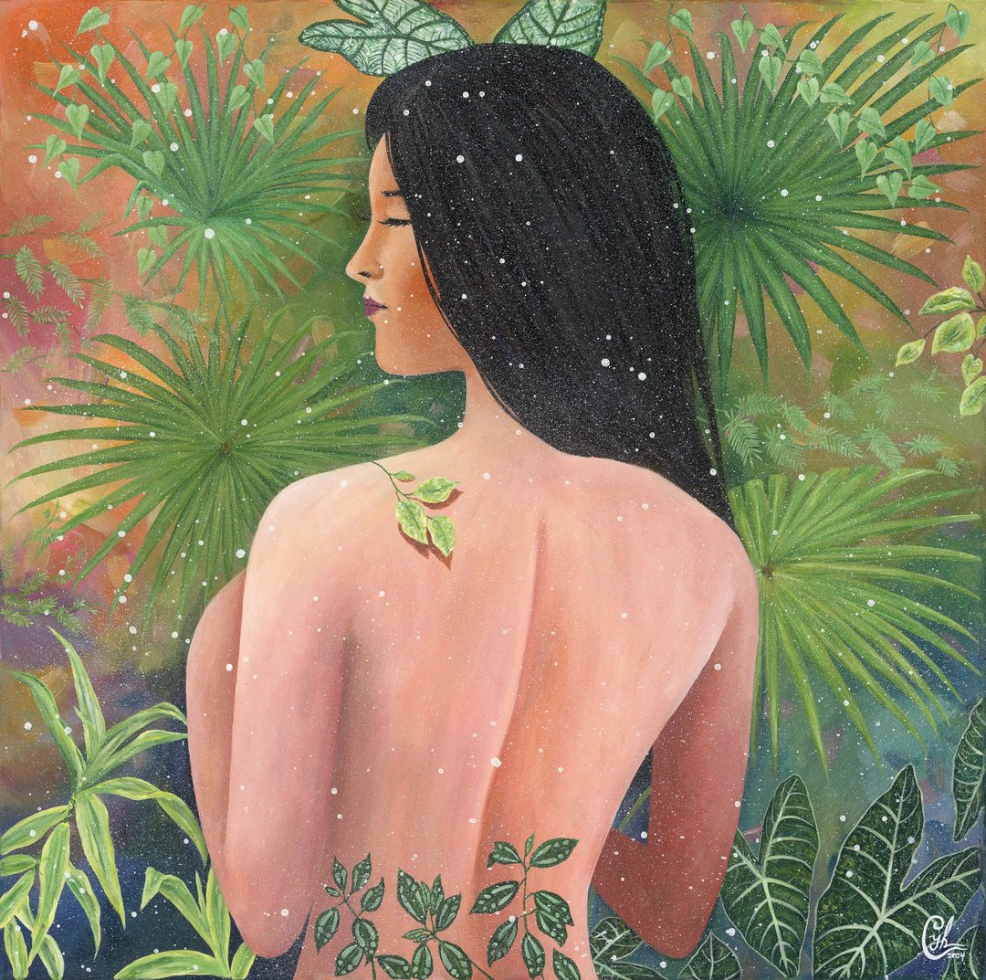 女性植物绘画 沁心引光7  Woman Painting - Light Into me 7 - 订制画像 - 棉 黄色