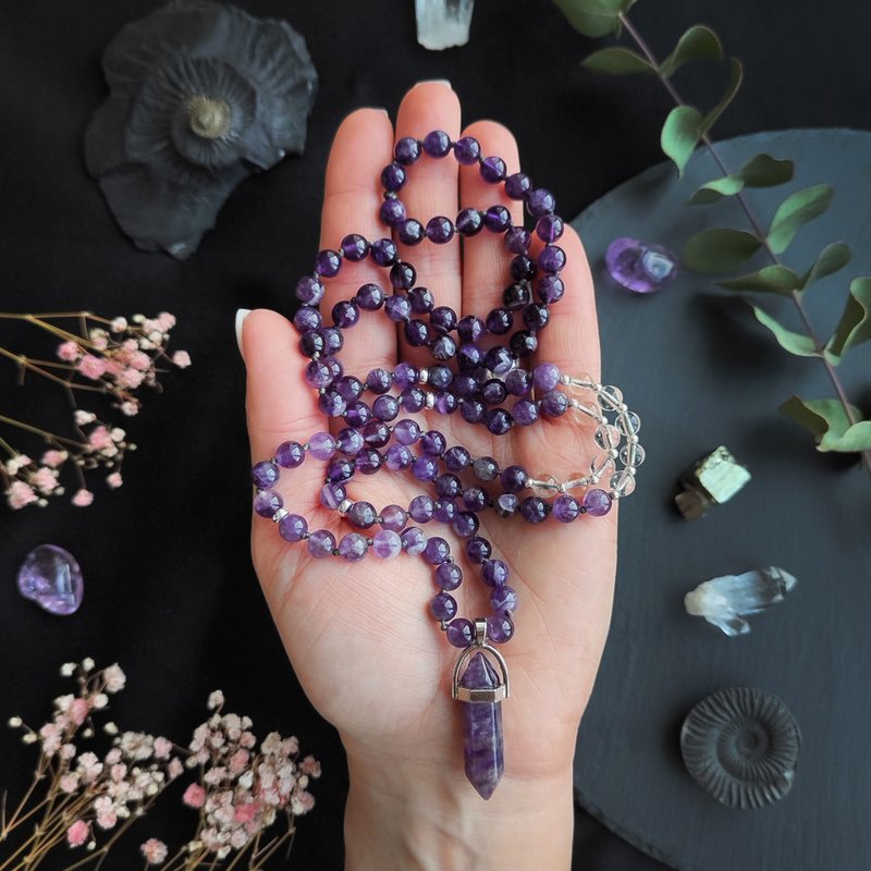 Mala LILAC Amethyst and Quartz 108 Meditation Beads - 长链 - 半宝石 紫色