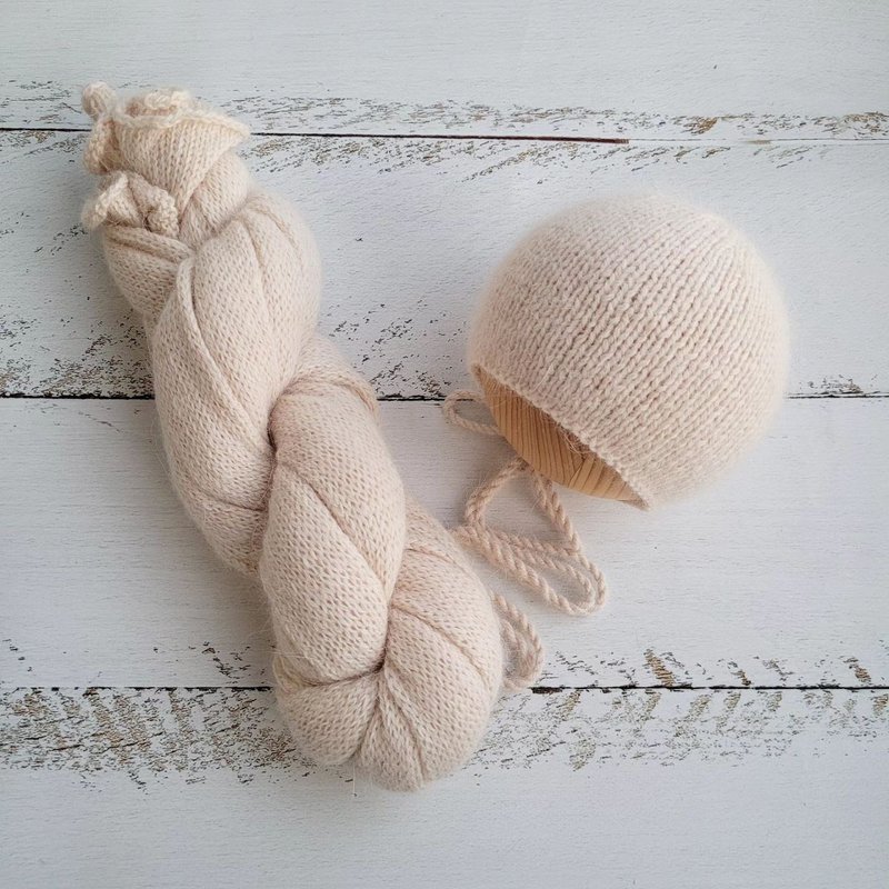奶油色蓬松新生儿帽，带包裹、针织拍照道具 - 婴儿饰品 - 羊毛 多色