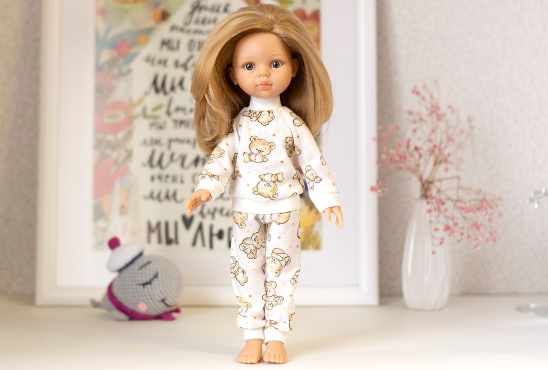 Pajamas for doll Paola Reina, Siblies, Corolle, Little Darling, teddy bear print - 玩具/玩偶 - 棉 黄色