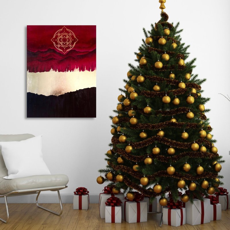 勃根地抽象风景艺术金色曼陀罗绘画神圣几何艺术 - 墙贴/壁贴 - 压克力 红色