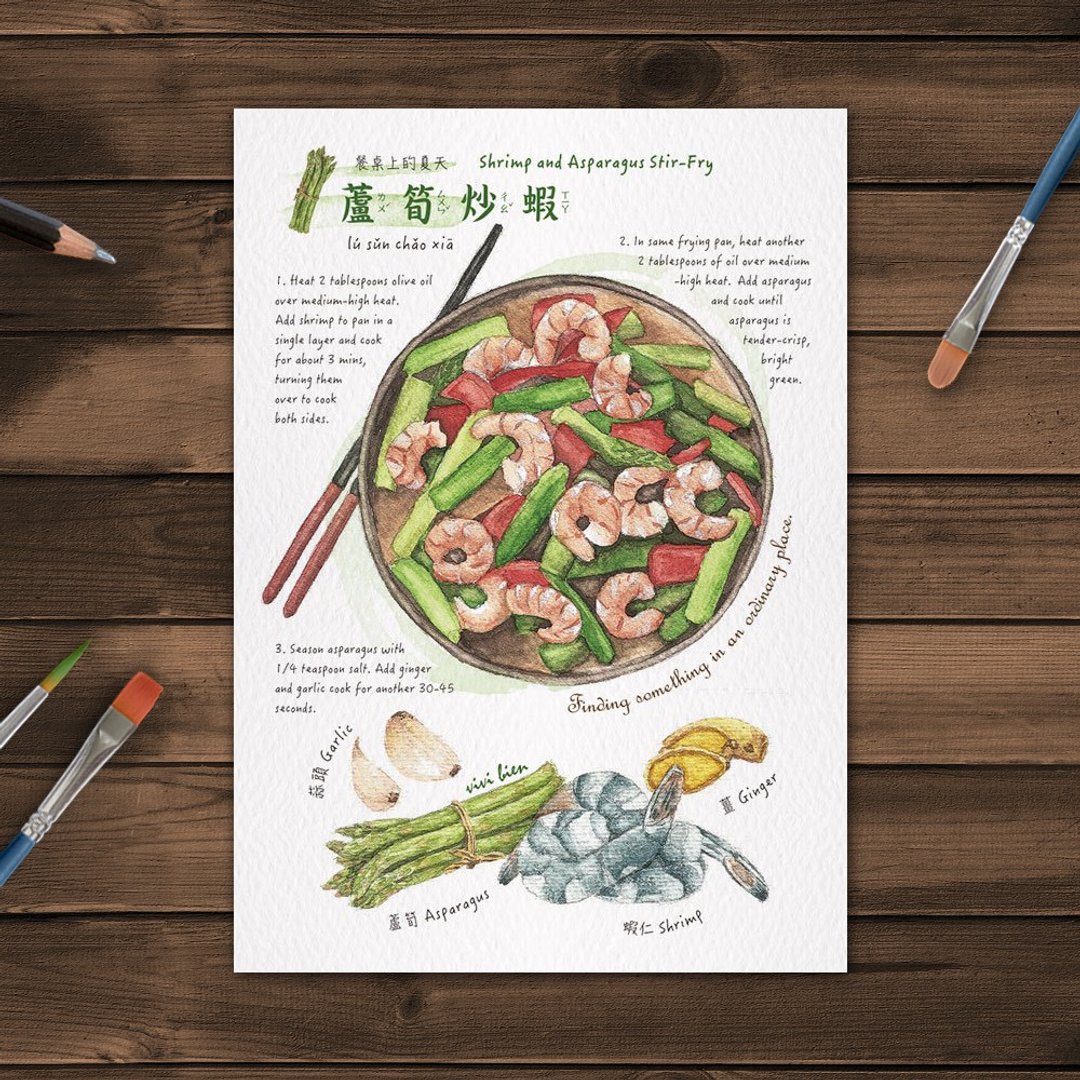 美食插画 明信片 – 芦笋炒虾 - 卡片/明信片 - 纸 白色