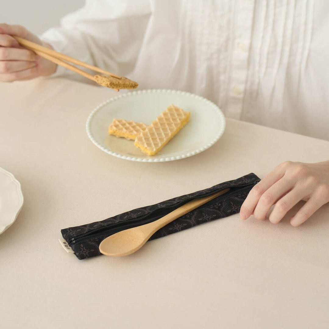 拉链餐具袋(含餐具)/玻璃海棠/绅士黑色 - 餐刀/叉/匙组合 - 棉 黑色