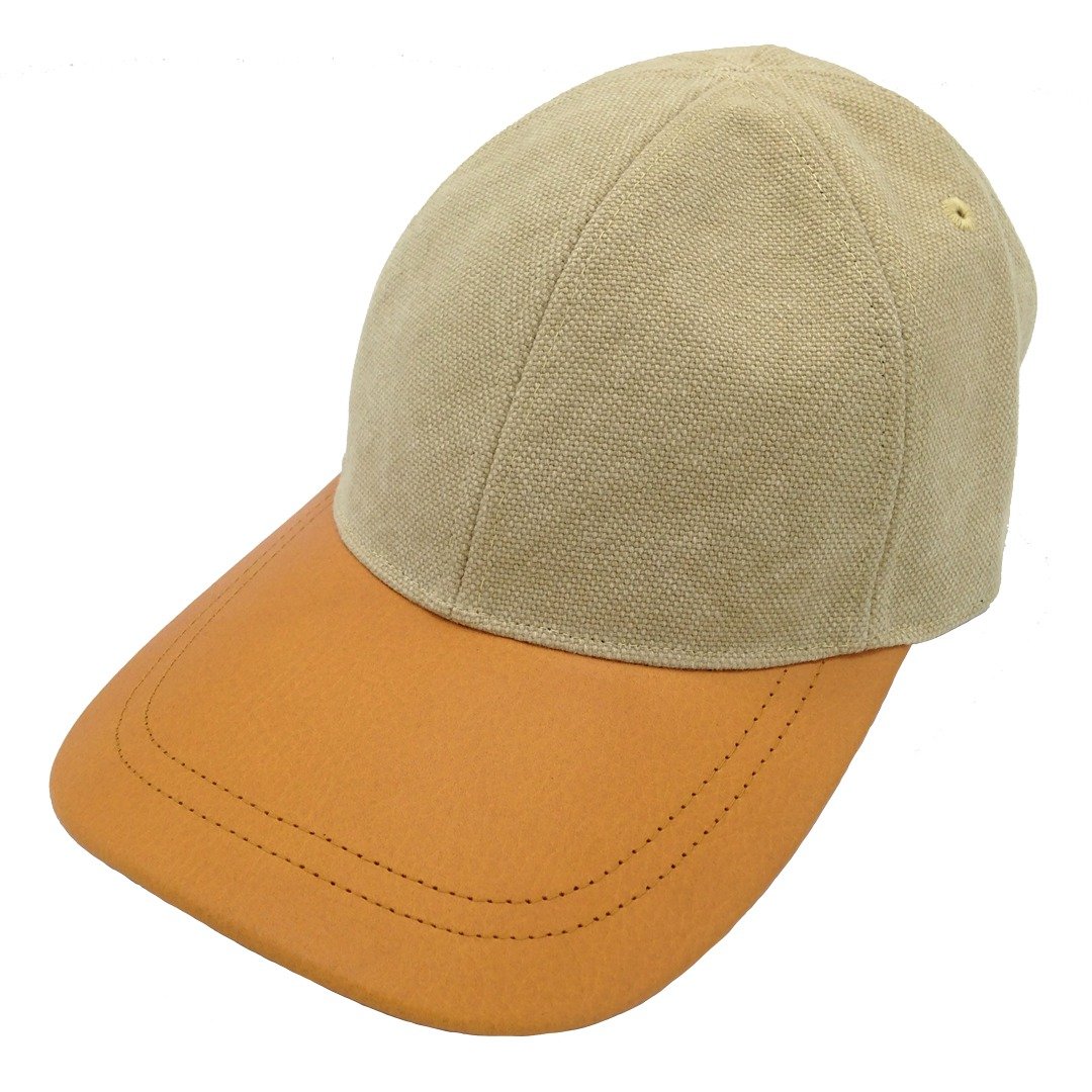 Canvas Stonewash Baseball Cap, Genuine leather brim, Color Cream - 帽子 - 棉 卡其色