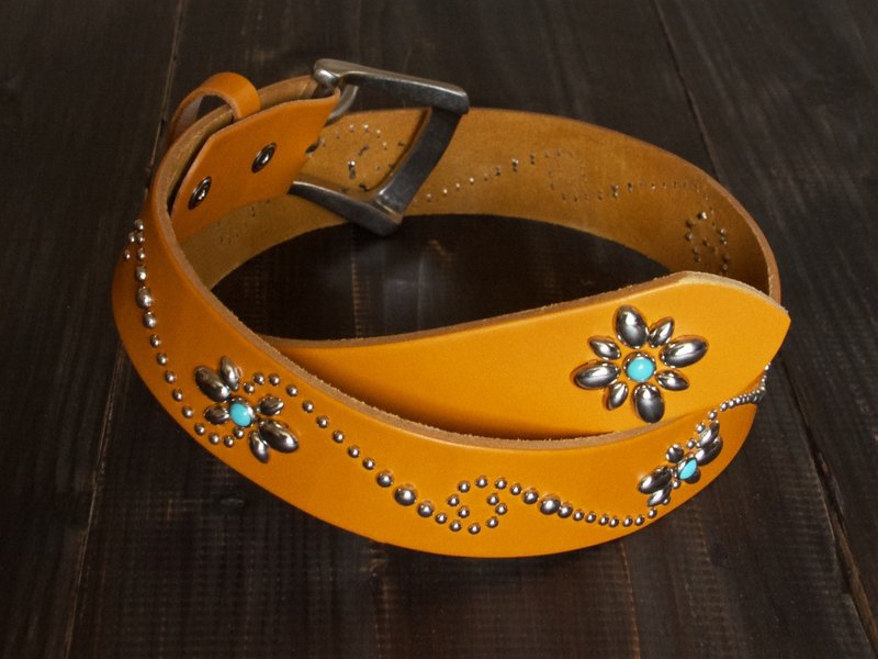 栃木皮革镶嵌腰带绿松石色/斑点定制 - 皮带/腰带 - 真皮 橘色