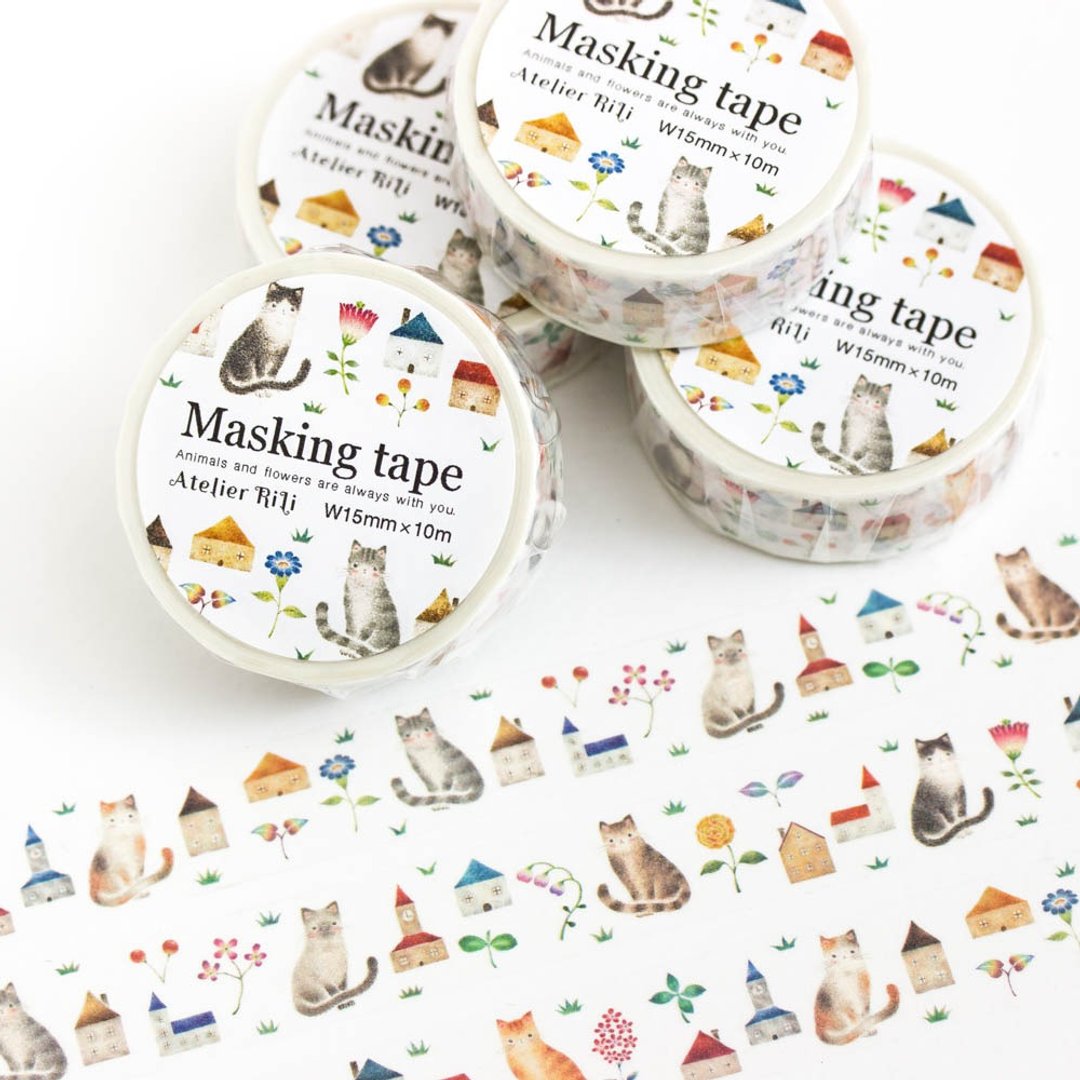 A piece of a picture book. Masking tape Cats and colorful flower lover and house MT-4 - 纸胶带 - 纸 多色