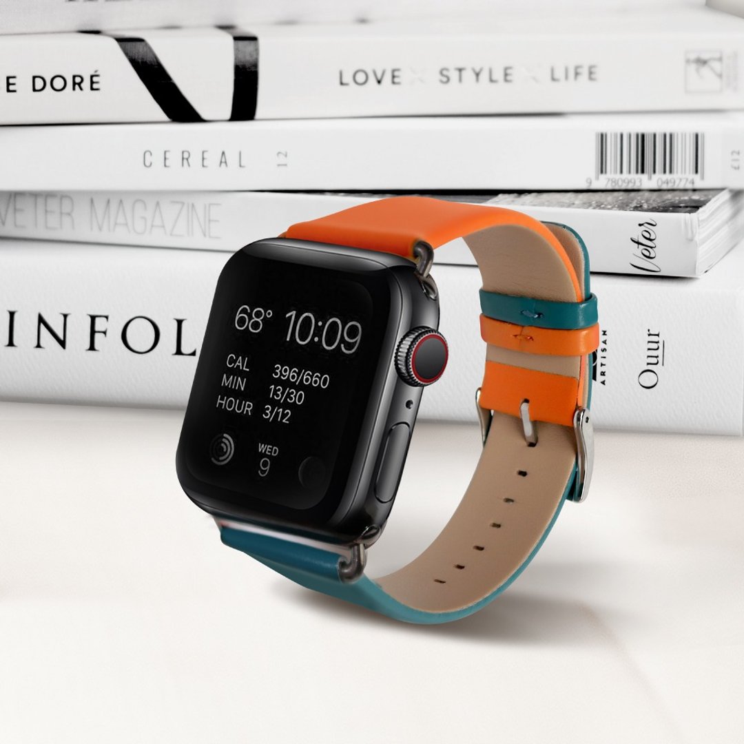 Apple Watch series 1 2 3 4 5 6 撞色炫彩 真皮表带 - 表带 - 真皮 黑色