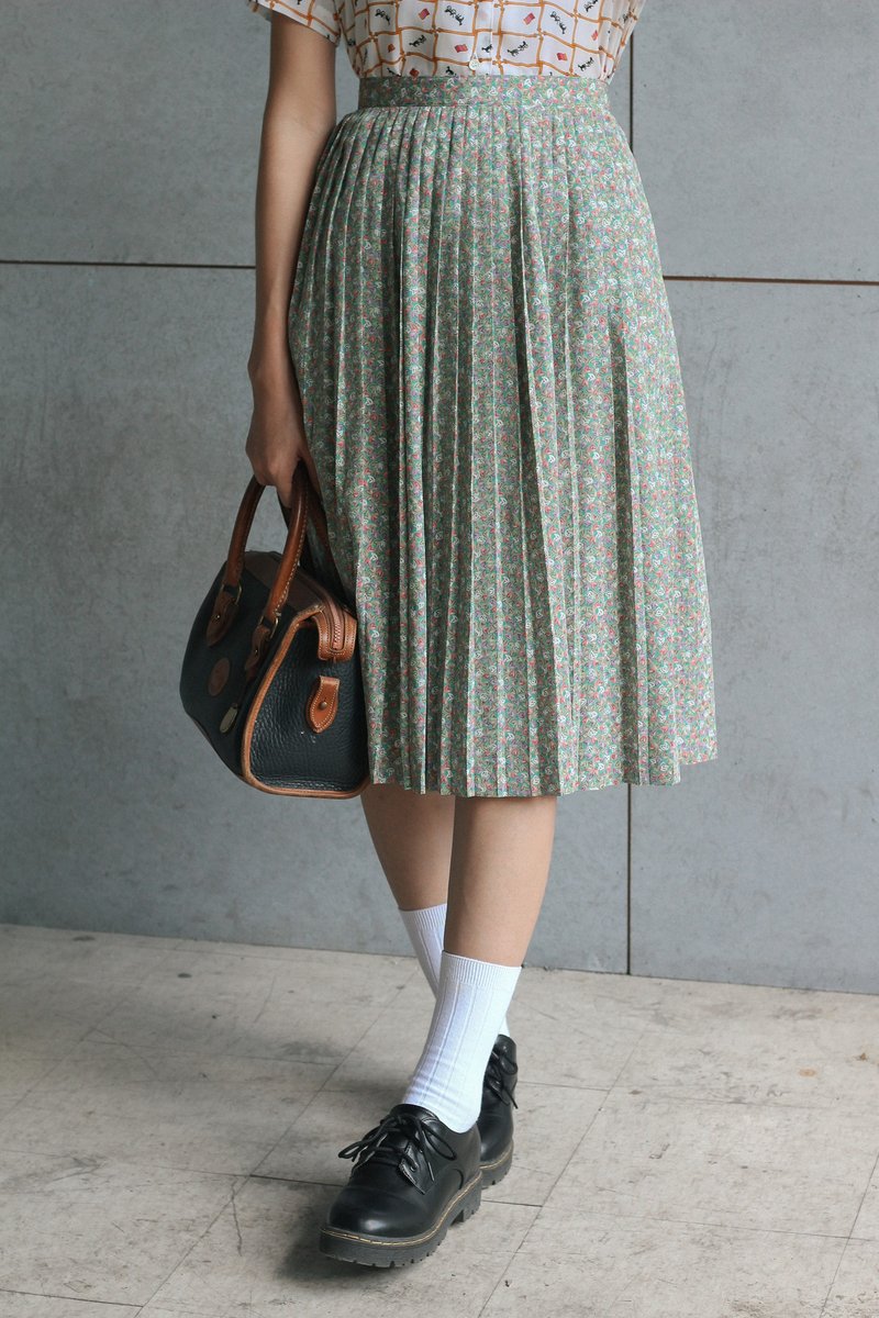 蓝绿小花古着百褶裙 - 裙子 - 聚酯纤维 绿色