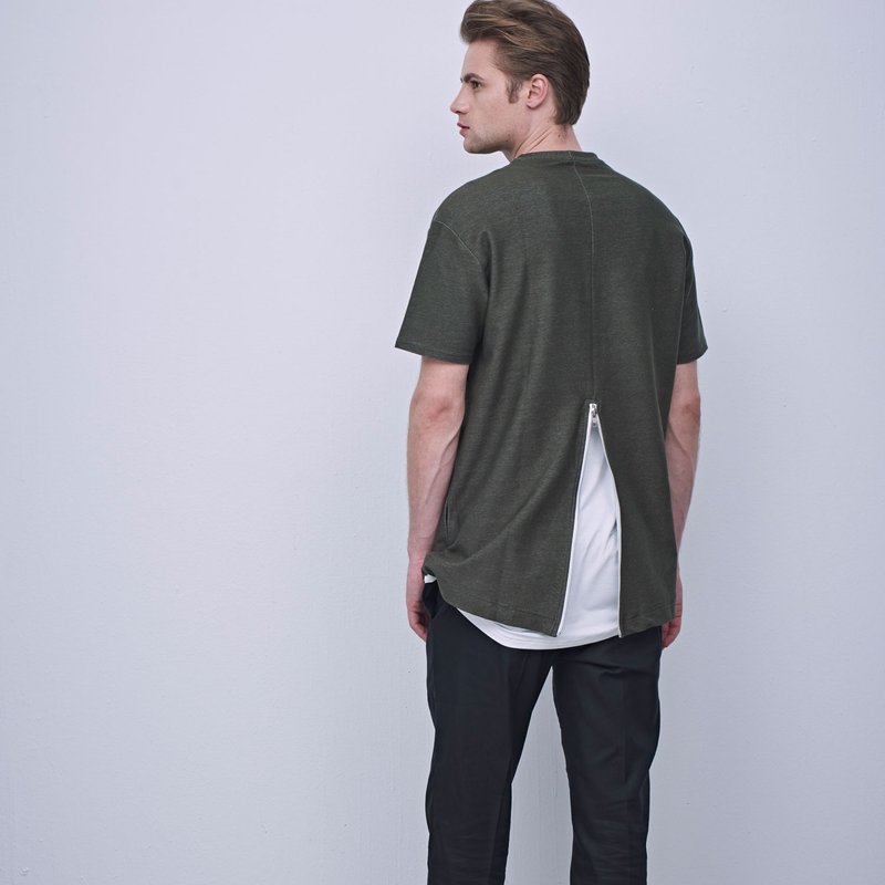 Stone as_设计师品牌 Zipper T-shirt / 拉链 厢型 军绿 Tee - 男装上衣/T 恤 - 棉．麻 绿色