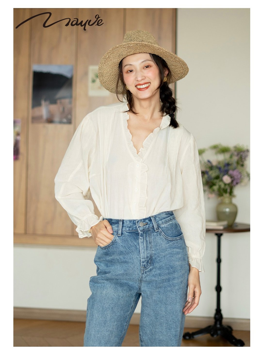 Moonsee V领荷叶边休闲上衣泡泡袖纯色百搭纯棉宽松轻薄衬衫 - 女装衬衫 - 棉．麻 