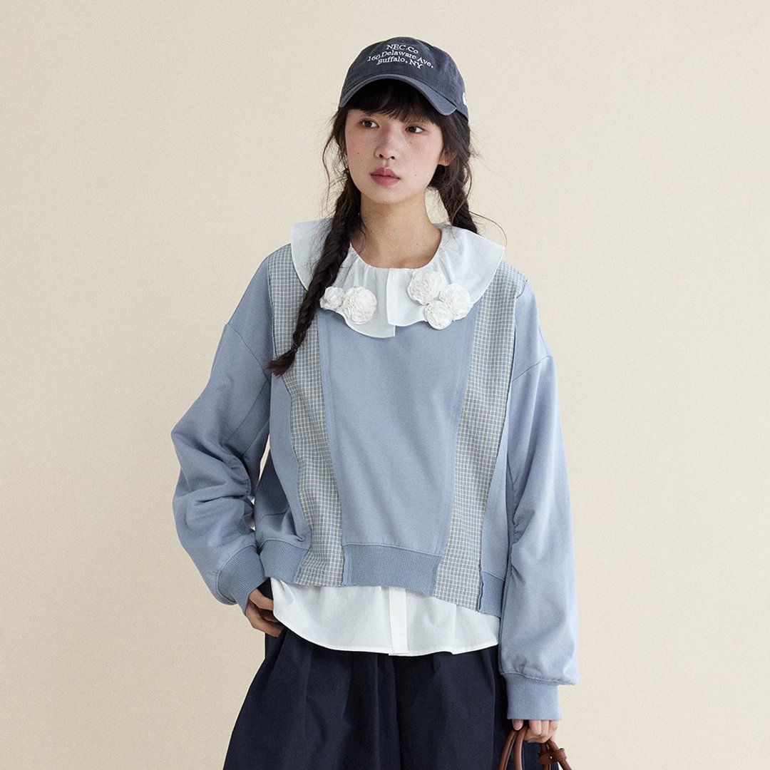 蓝色拼接卫衣|上衣|春款|Sora-1768 - 女装上衣 - 棉 蓝色
