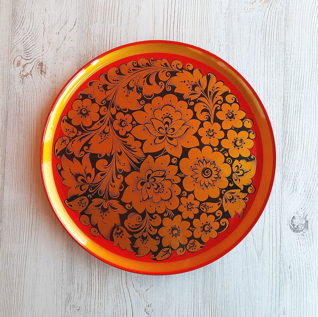 Khokhloma painting Russian panel plate decorative - Gold red black wall decor - 墙贴/壁贴 - 木头 