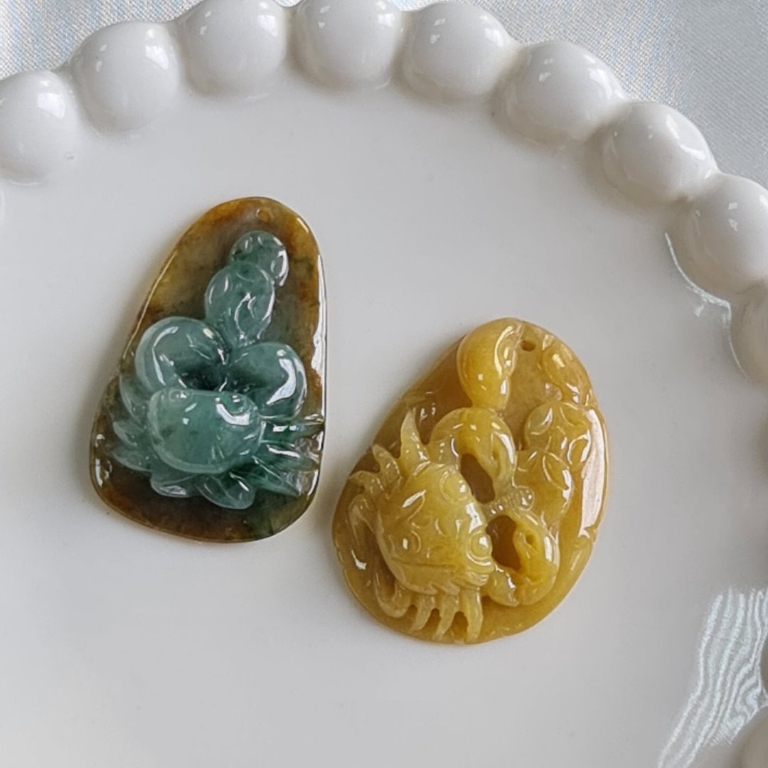 天然黄翡 蓝水 俏色招财螃蟹吊坠 | 天然缅甸玉A货翡翠 - 项链 - 玉石 