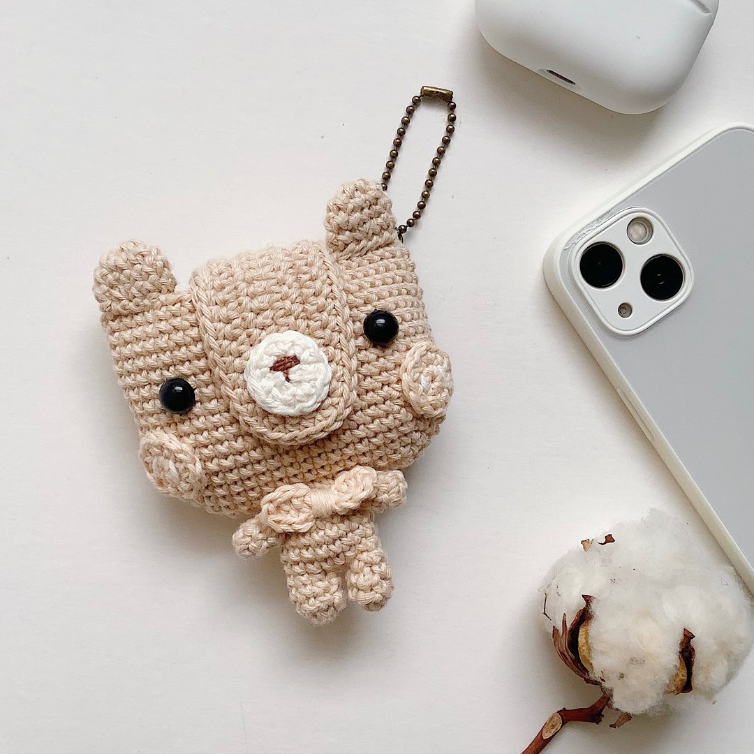 Bear EarPods Pouch for AirPods /2/3/Pro, cute airpods 保護套 - 耳机收纳 - 棉．麻 咖啡色