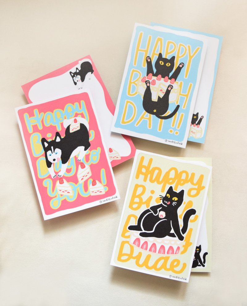手绘风黑猫哈士奇生日卡 - 卡片/明信片 - 纸 蓝色