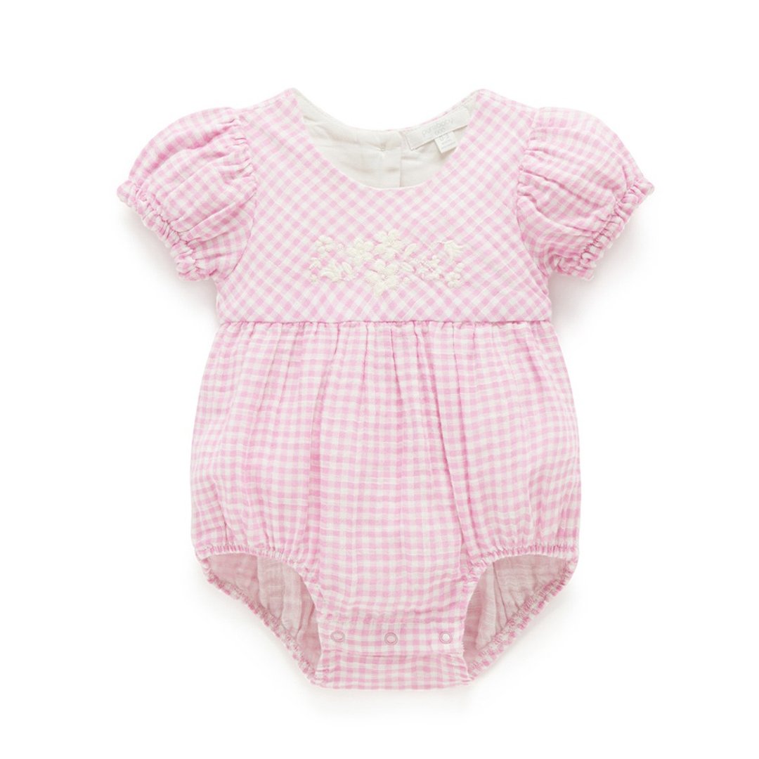 澳洲Purebaby有机棉婴儿短袖包屁衣/新生儿 连身衣 粉红格纹 - 包屁衣/连体衣 - 棉 