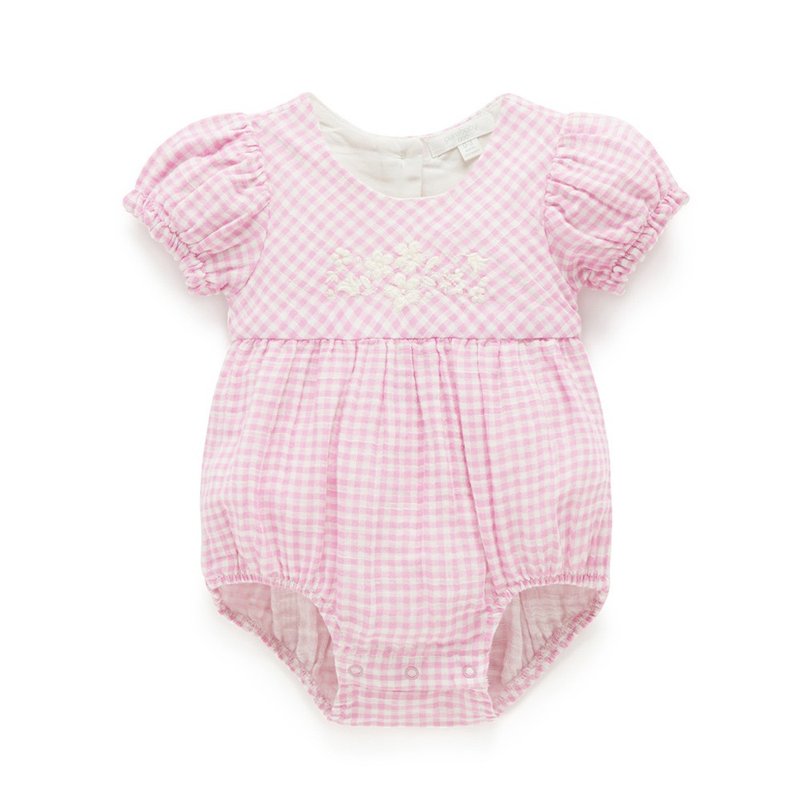 澳洲Purebaby有机棉婴儿短袖包屁衣/新生儿 连身衣 粉红格纹 - 包屁衣/连体衣 - 棉．麻 