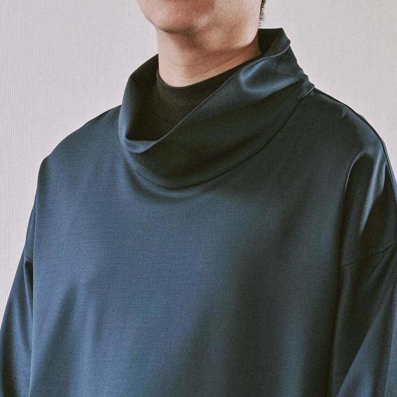 中性宽松 高领立体设计上衣unisex 深蓝色 - 男装上衣/T 恤 - 棉．麻 蓝色