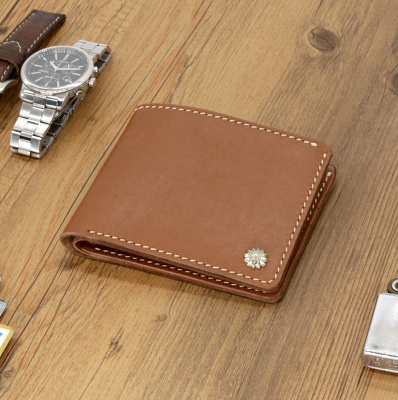 定制化礼物 银钉短夹 银包 头层牛皮简约手工钱包 免费刻字 - 皮夹/钱包 - 真皮 