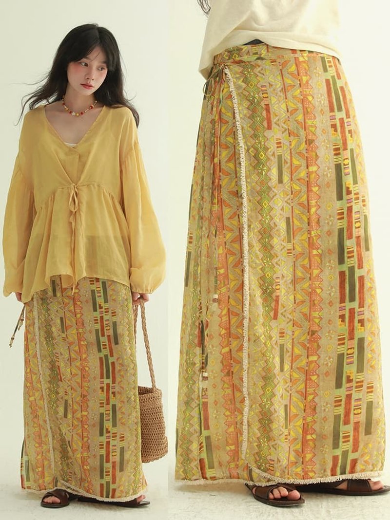 2顔色 苧麻民族風印花系帶裙子 文藝復古高腰顯瘦長裙 - 裙子 - 棉．麻 黄色