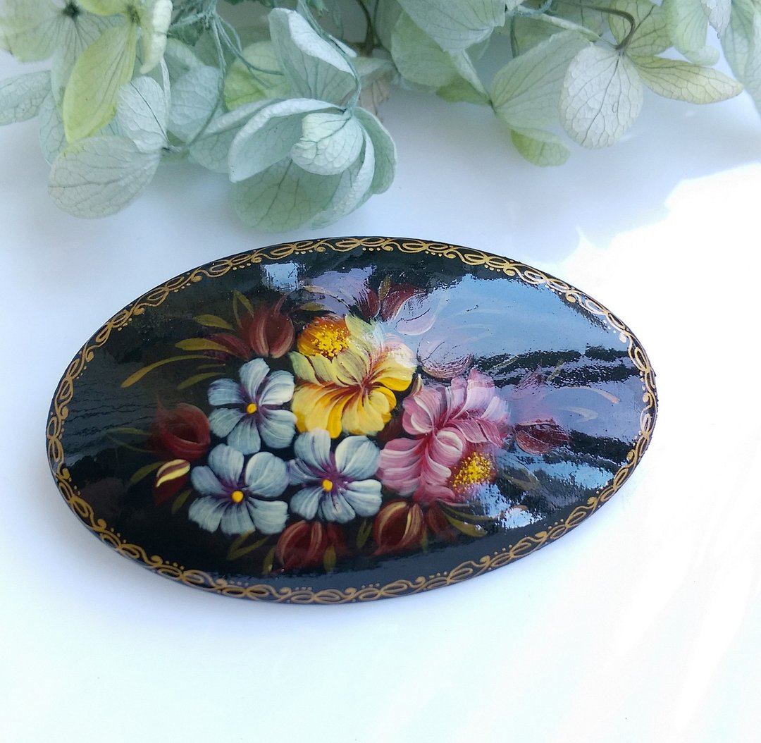 Vintage Jewelry 西洋古董饰品 俄罗斯手绘 优美 群花 别针 - 徽章/别针 - 其他金属 金色