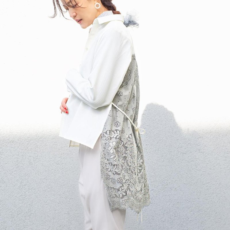 可当罩衫穿着，缀有蕾丝的后摆衬衫 - 女装衬衫 - 其他材质 白色