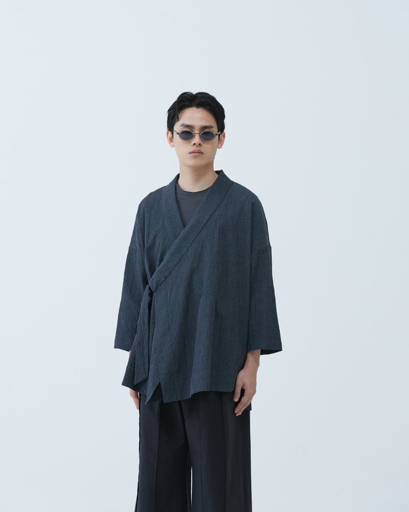九分袖织纹道袍 3/4 Sleeve Texture Robe - 男装外套 - 棉 灰色