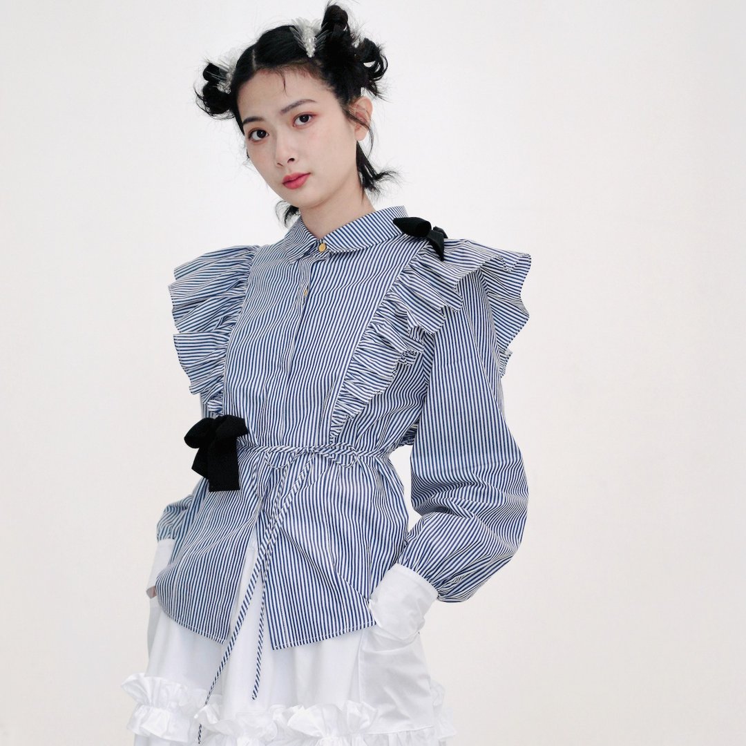 蓝白条纹花边袖衬衫 蝴蝶结 收腰设计  - imakokoni - 女装衬衫 - 棉 蓝色