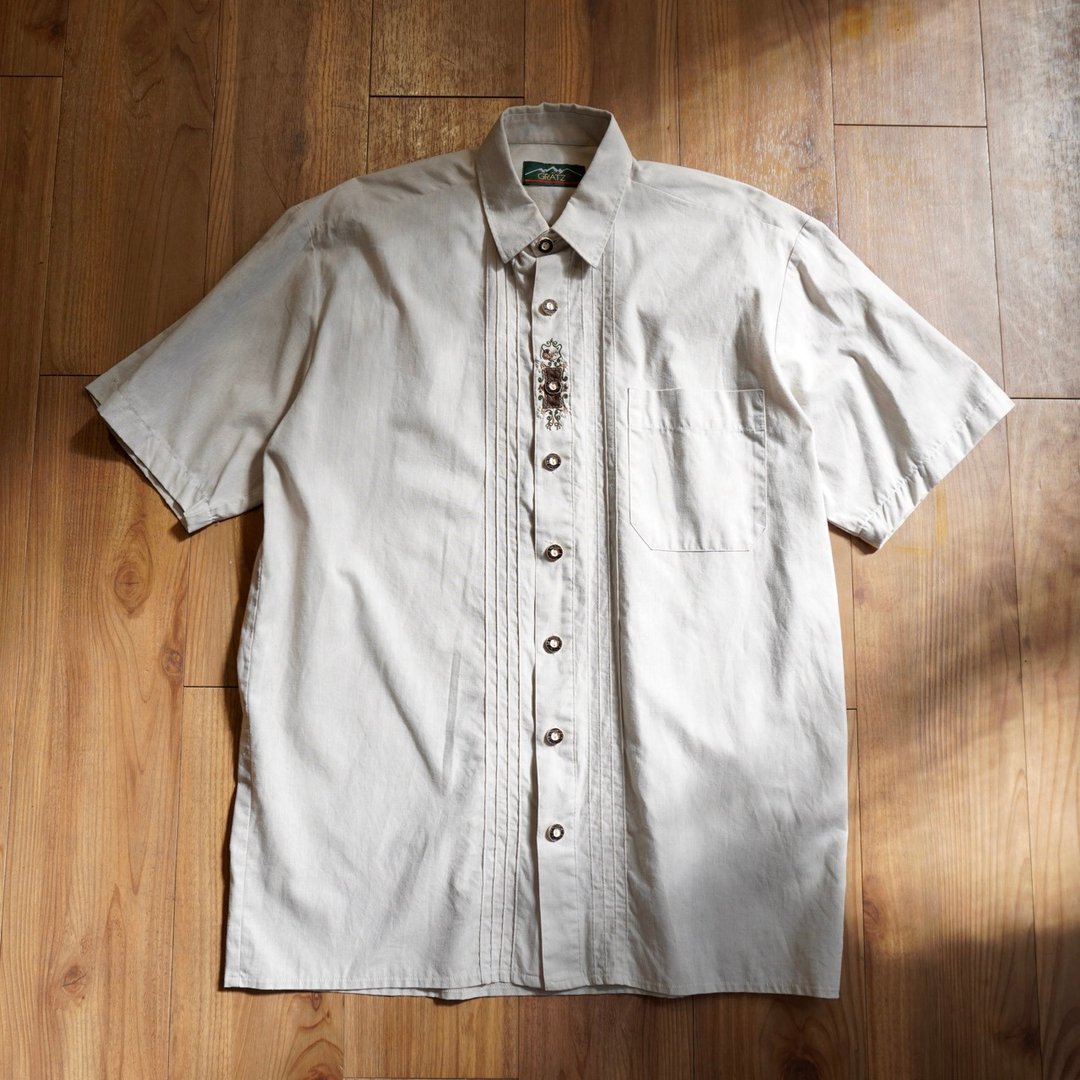 有関古着。GRATZ Tyrolean Shirt 提洛尔衬衫 刺绣鸟类花 短袖 - 男装衬衫 - 棉 白色