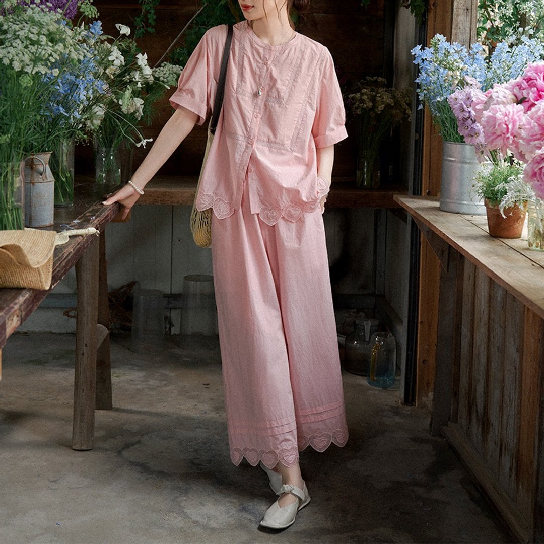 爱心绣花阔腿裤|裤子|两色|夏款|Sora-1520 - 女装长裤 - 棉 多色
