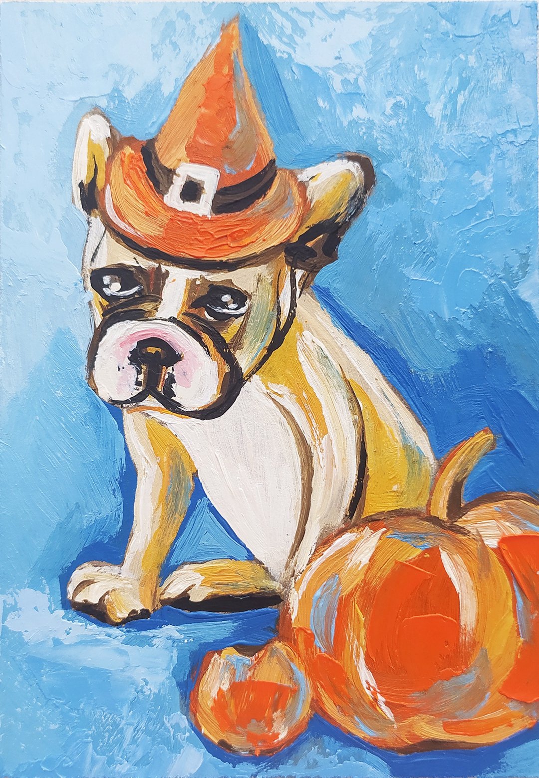 Dog art oil painting portrait bulldog art animal impasto original work pumpkins - 墙贴/壁贴 - 其他材质 蓝色