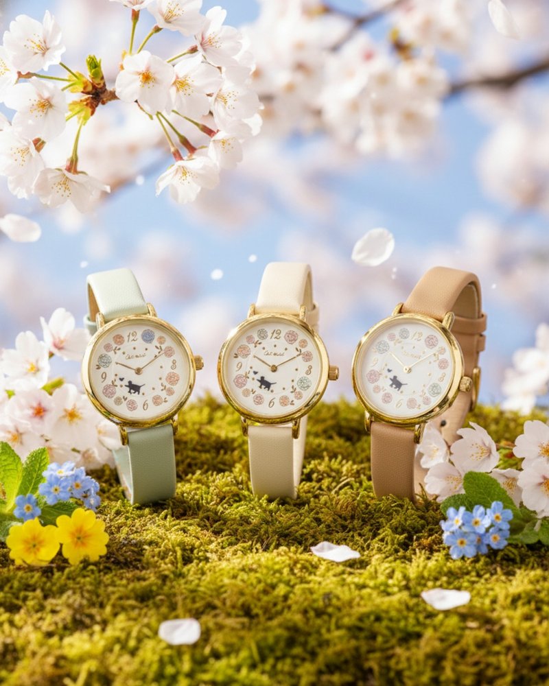 Pastel Floral Moveable Cat Walk Watch 春日花海猫猫转动手表 - 女表 - 其他材质 