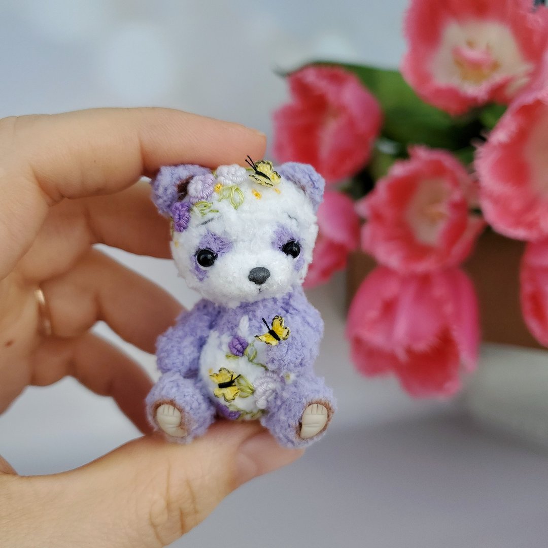 Mini softy lavander teddy bear panda. Dollhouse miniature. Doll pet. Animal - 玩偶/公仔 - 棉．麻 紫色