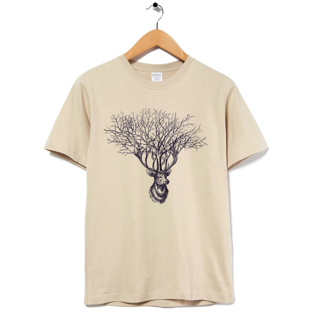 Deer Tree 中性短袖T恤 卡其色 鹿树动物文青礼物北欧圣诞交换 - 男装上衣/T 恤 - 棉 卡其色