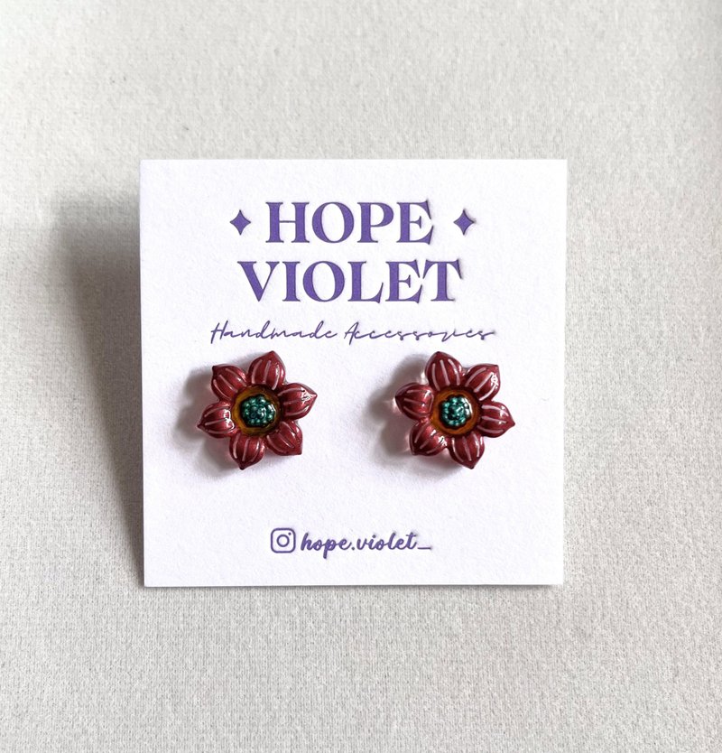 金属色复古红色花朵耳环- Metallic Red Flowers Earrings - 耳环/耳夹 - 树脂 红色