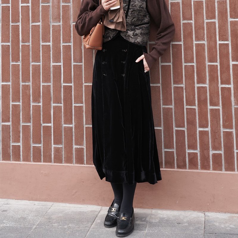 高腰松紧丝绒双排扣半裙|裙子|春冬款|涤纶|Sora-667 - 裙子 - 其他人造纤维 黑色