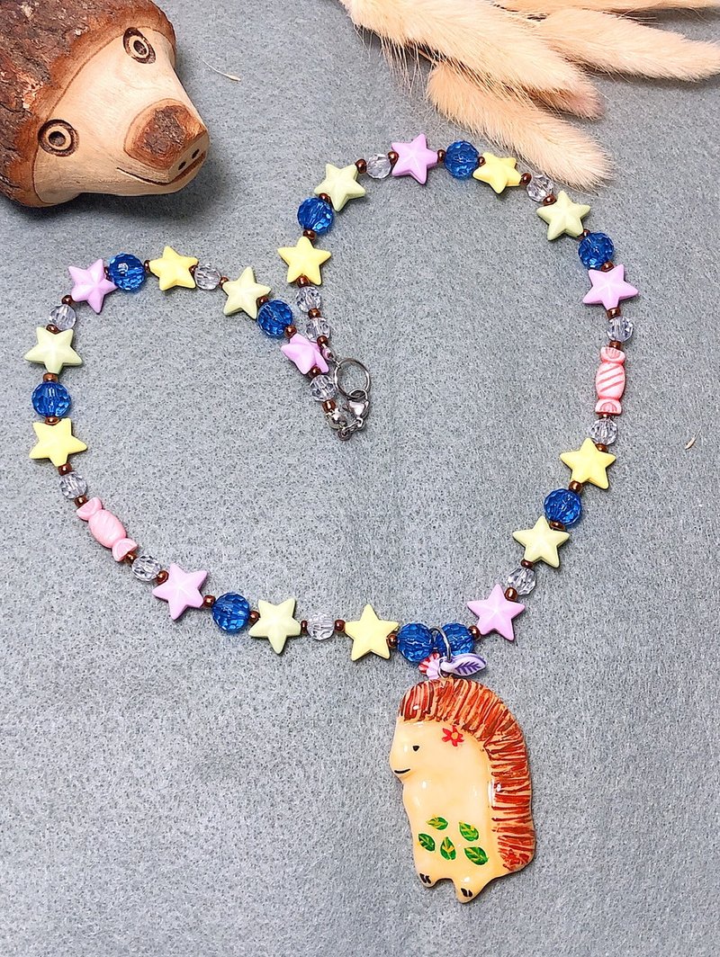 刺猬 手作黏土项链 陶土 手绘捏制 钢丝线不锈钢扣 串珠 - 项链 - 粘土 咖啡色