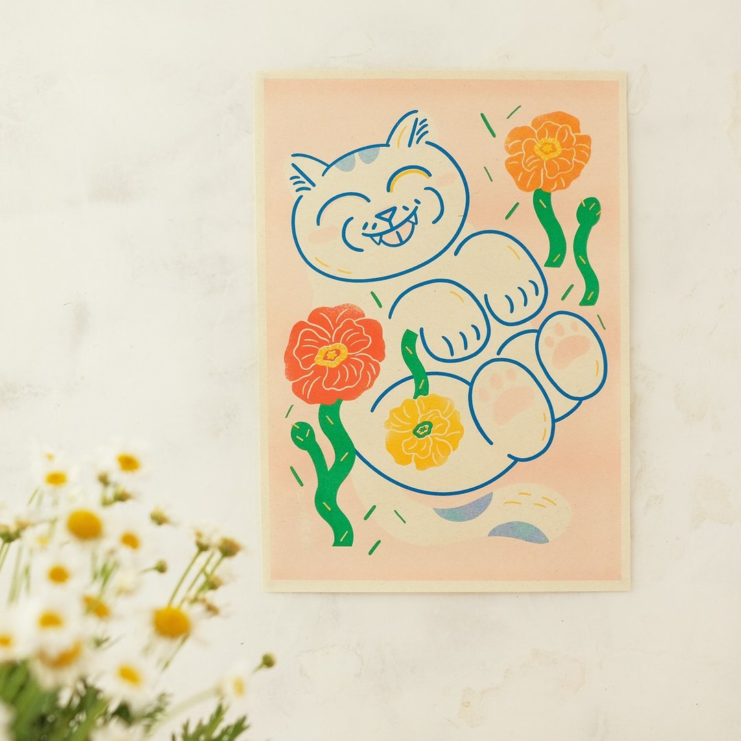 猫与花海报 / 事吉冰岛罂粟花 / A4 孔版印刷 - 海报/装饰画/版画 - 纸 粉红色