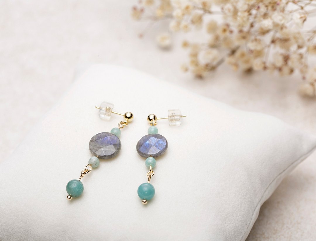 树精灵 Amazonite Labradorite 亚马逊石 拉长石 耳环 - 耳环/耳夹 - 宝石 绿色
